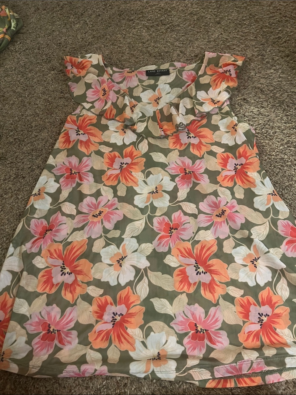 Lane Bryant Olive Floral Ruffle Neck Blouse